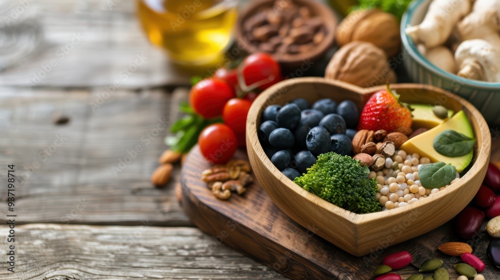 Healthy Heart-Shaped Bowl with Fresh Fruits, Vegetables, Nuts, and Seeds on Rustic Wooden Table Healthy Heart-Shaped Bowl with Fresh Fruits, Vegetables, Nuts, and Seeds on Rustic Wooden Table
