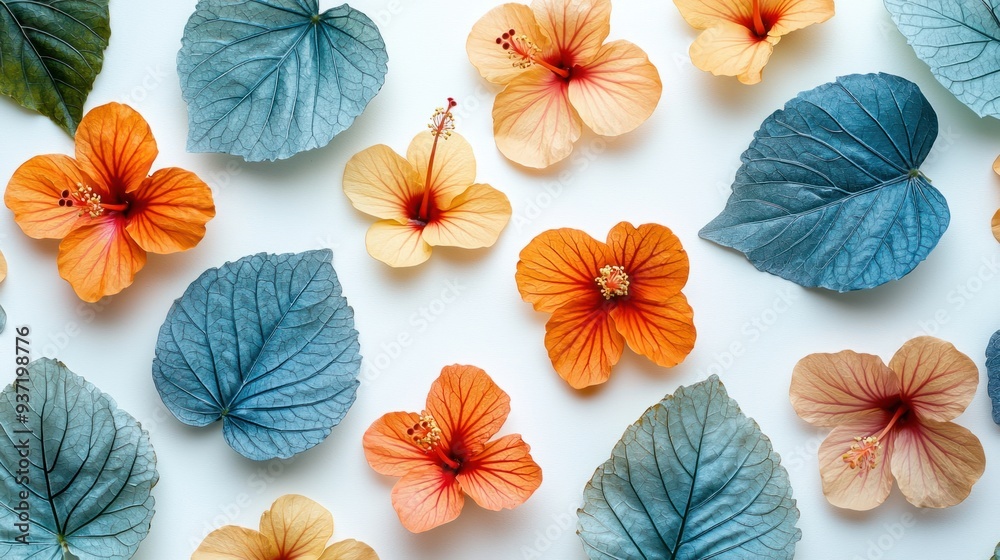 Fototapeta premium Vibrant Small Tangerine and Aqua Blue Summer Leaves with Hibiscus Flowers on White Background - Minimalistic High Resolution Detailed Botanical Photo