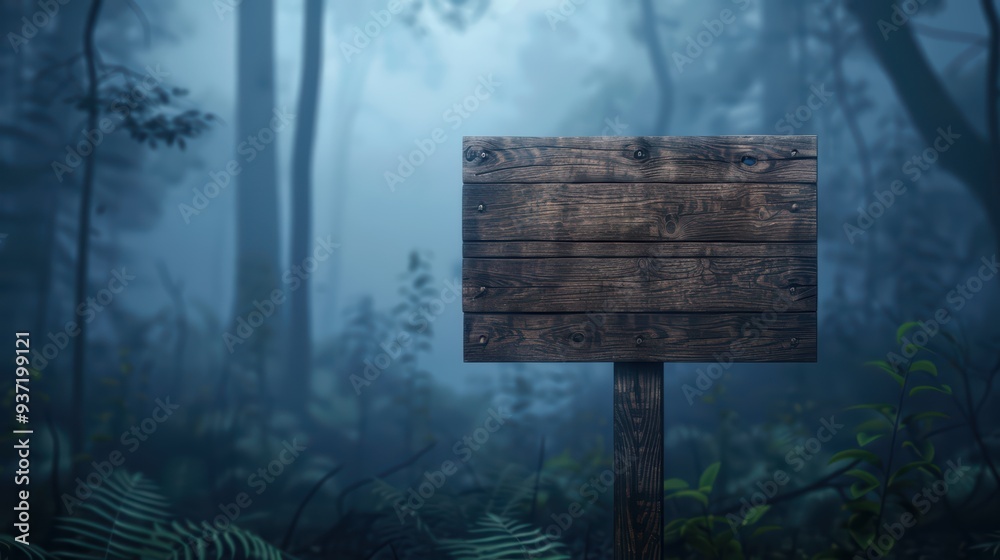 Fototapeta premium Wooden Signboard in Mysterious Foggy Forest with Dense Trees and Ferns
