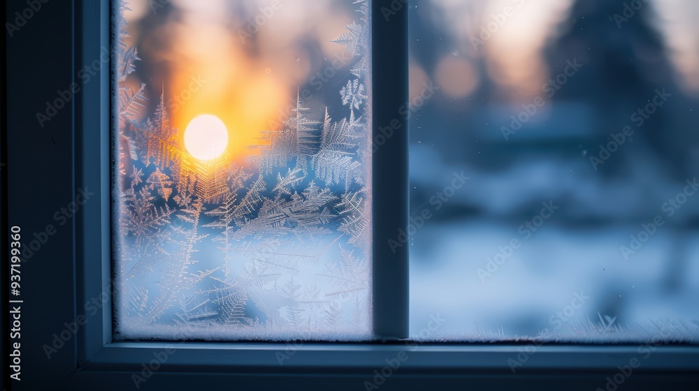 Frosted Window with Sunrise in Background Capturing Winter Morning Serenity and Beauty Frosted Window with Sunrise in Background Capturing Winter Morning Serenity and Beauty