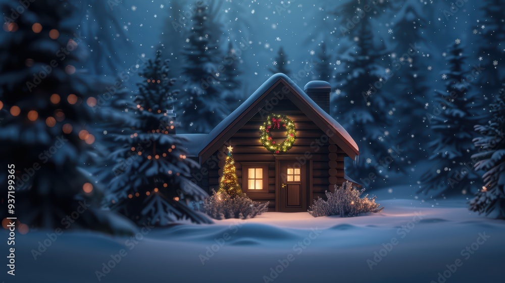 Naklejka premium Cozy Wooden Cabin in Snowy Forest with Christmas Decorations and Falling Snowflakes at Night