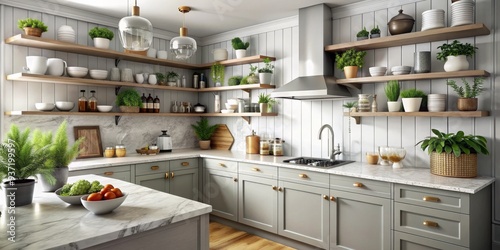 Modern Kitchen with Grey Cabinets and Wooden Shelves, White Countertop, Glass Pendant Lights, Green Plants, Kitchen Interior Design, Home Decor, Kitchen Design