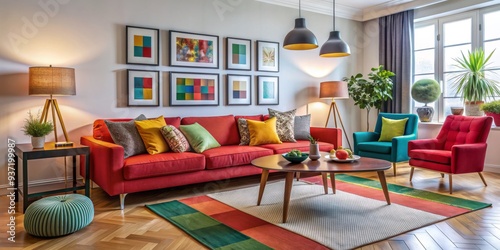 Modern Living Room Interior with Red Sofa, Colorful Pillows, and Geometric Artwork, living room , interior design , modern home , home decor