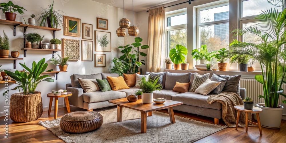 Fototapeta premium Modern Living Room with Gray Sofa and Plants, Wide Shot Composition, Featuring Indoor Greenery and Wooden Accents, Home Decor, Interior Design, Modern Living, Plant Lovers