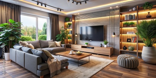 Modern Living Room with Gray Sofa, Wooden Shelving and Large TV, interior design, living room, furniture, home decor, modern living