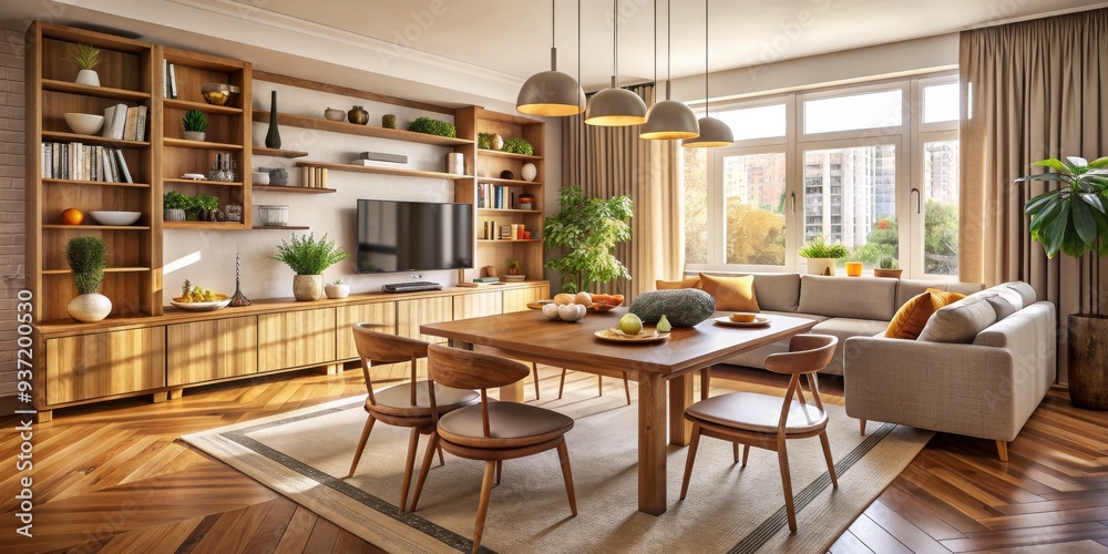 Modern Living Room with Wooden Accents and Warm Lighting, living room , interior design , modern , wooden furniture