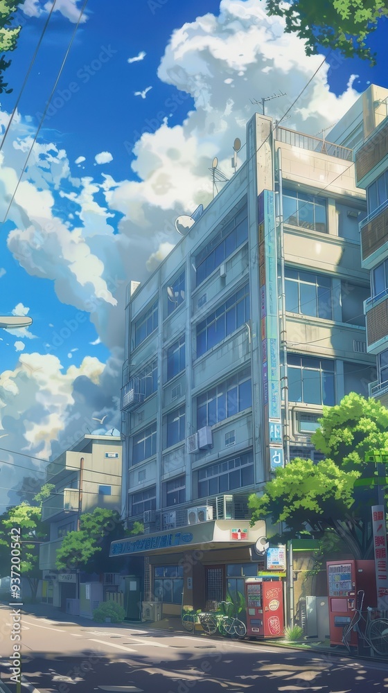 Fototapeta premium A detailed representation of a hospital building surrounded by greenery, set against a vivid blue sky with clouds