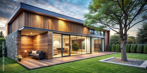 Modern Wooden House with Patio and Garden at Dusk, Architecture, Design, Landscape, Exterior