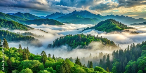 Mountaintop Cloudscape A Misty Sunrise Over Lush Forests, sunrise , mountain , forest , fog