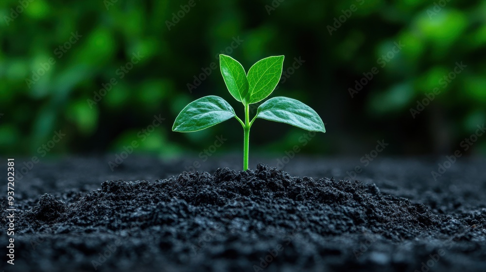 Single plant seedling emerging from dark soil A close-up of a single green plant seedling growing in dark soil, representing new growth, life, and the beauty of nature Single plant seedling emerging from dark soil A close-up of a single green plant seedling growing in dark soil, representing new growth, life, and the beauty of nature