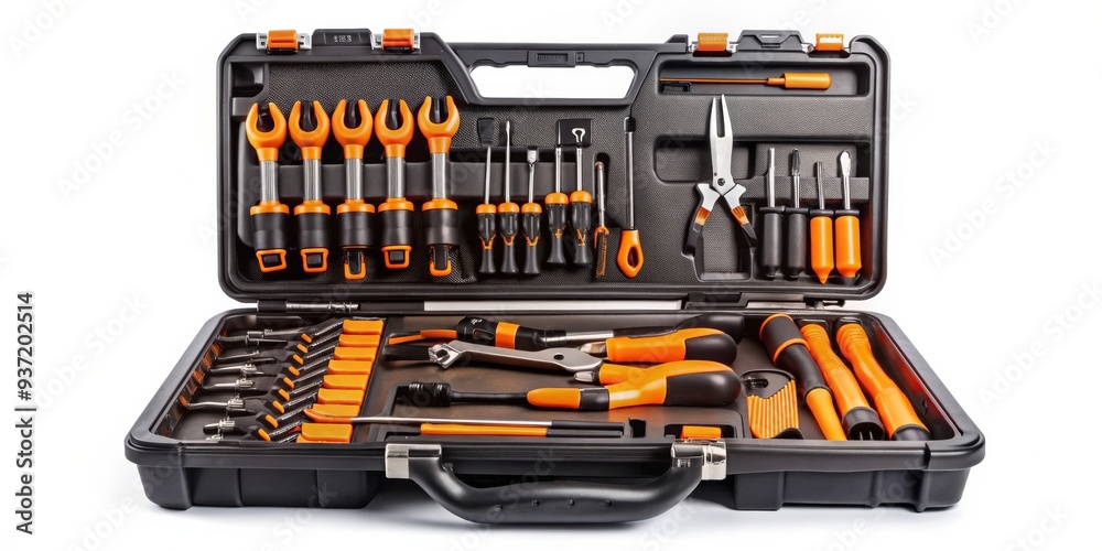 Open Toolbox with Orange and Black Tools, toolbox, tools, equipment, maintenance Open Toolbox with Orange and Black Tools, toolbox, tools, equipment, maintenance