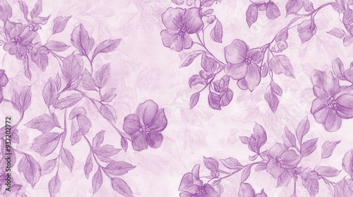 A floral pattern featuring delicate purple flowers and leaves on a soft background.