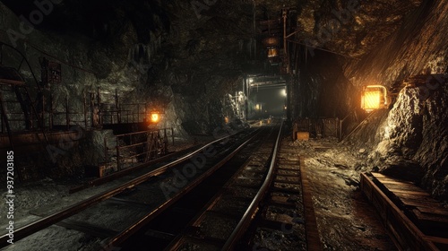 Dark and Abandoned Mining Tunnel with Train Tracks