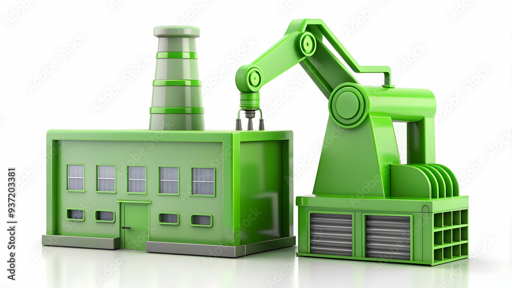 3D Icon as Green factory and industrial robot concept as A green factory paired with an industrial robot symbolizing the combination of sustainable facilities and automation in manufacturing ideal for