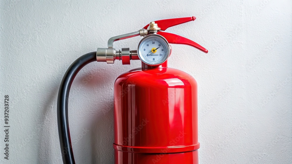 A red fire extinguisher mounted on a white wall with a shiny metal nozzle and a gauge indicating full pressure, ready for emergency use. A red fire extinguisher mounted on a white wall with a shiny metal nozzle and a gauge indicating full pressure, ready for emergency use.