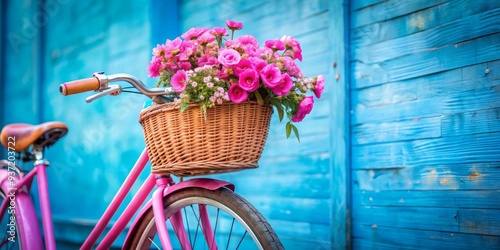 Pink Bicycle with Flowers in Basket, Blue Background, Summer, Bicycle, Flowers, Basket, Romance