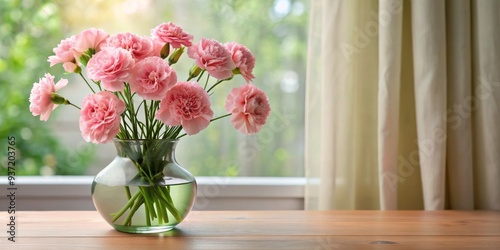 Pink Carnations in a Glass Vase on a Wooden Table with a Window and Curtain in the Background, flower arrangement, still life, floral design, carnation bouquet