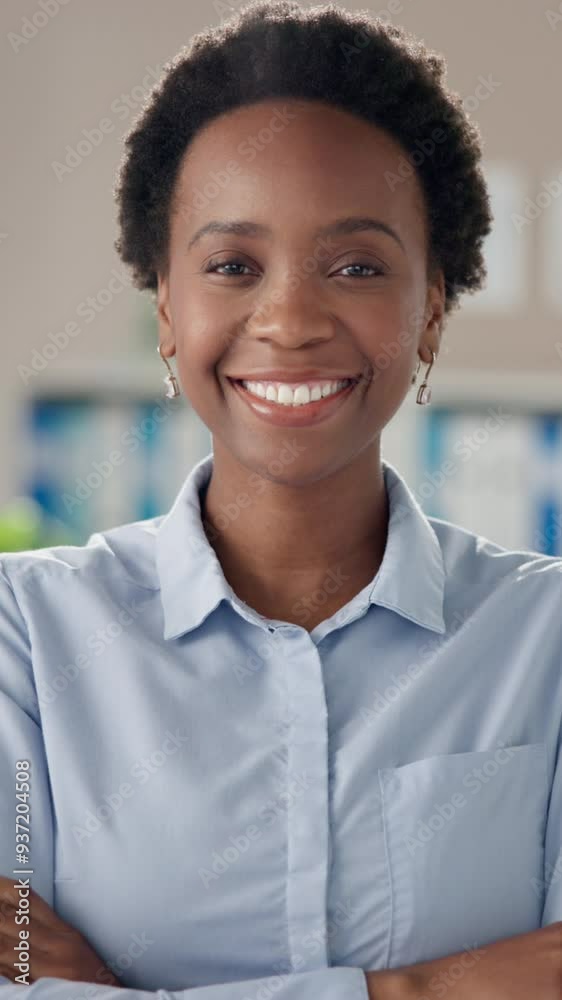 Face, doctor and black woman with arms crossed, smile and career ambition with confidence. African person, portrait and medical with professional, consultant and happy with friendly service in clinic Face, doctor and black woman with arms crossed, smile and career ambition with confidence. African person, portrait and medical with professional, consultant and happy with friendly service in clinic