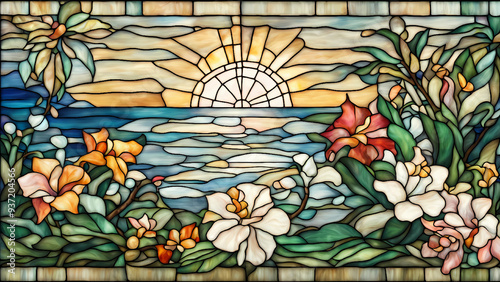 beautiful vintage stained glass, tropical island views, beautiful flowers