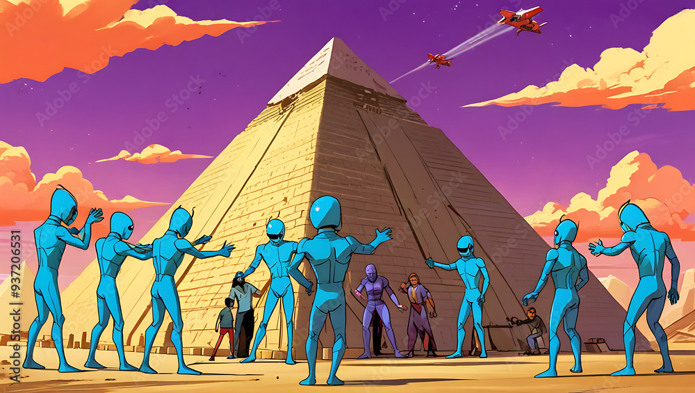Fototapeta premium Aliens building the Egypt's pyramid using the futuristic advanced technology with people hailing the aliens by siting on the ground , cartoon style image 