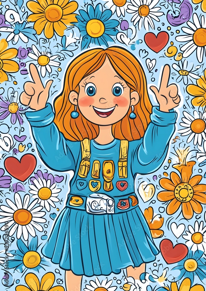 Playful hippie themed line art with daisies, peace signs, and hearts, retro cartoon style, ready for your project, white background. Playful hippie themed line art with daisies, peace signs, and hearts, retro cartoon style, ready for your project, white background.