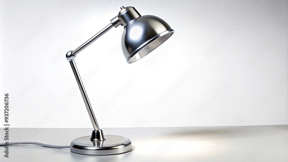 A sleek, silver desk lamp stands isolated on a white background, its slender body and rounded shade casting a subtle, soothing shadow. A sleek, silver desk lamp stands isolated on a white background, its slender body and rounded shade casting a subtle, soothing shadow.