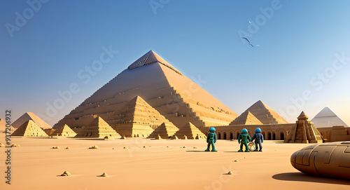 Aliens building the Egypt's pyramid using the futuristic advanced technology with people hailing the aliens by siting on the ground , cartoon style image 