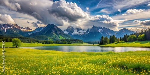 Serene Mountain Lake with Blooming Meadow, nature , landscape , mountain , alpine