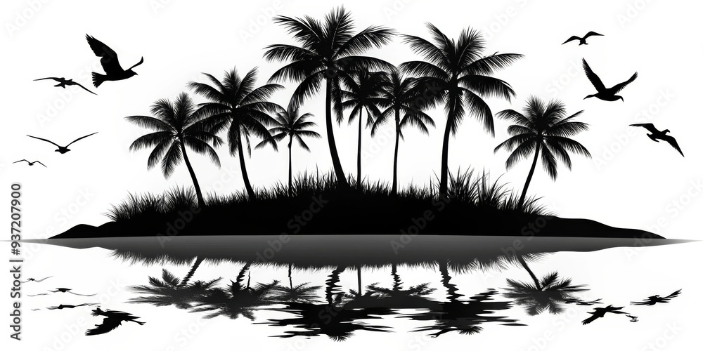 Fototapeta premium Silhouette of Palm Trees on a Tropical Island, Black and White, Palm Trees, Tropical, Silhouette, Birds