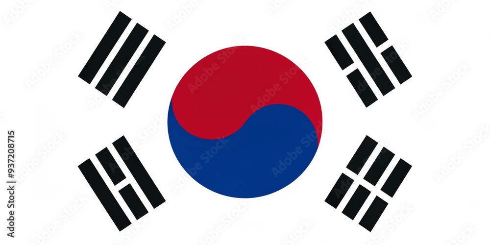 South Korean Flag with Red and Blue Circle, White Background, Black Stripes, Korean Flag, South Korea, Asia, National Symbol South Korean Flag with Red and Blue Circle, White Background, Black Stripes, Korean Flag, South Korea, Asia, National Symbol