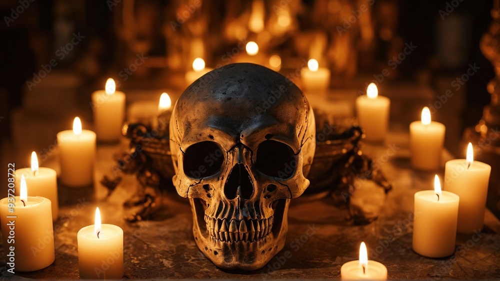 A human skull sits on a table surrounded by lit candles in a dark, mysterious setting. A human skull sits on a table surrounded by lit candles in a dark, mysterious setting.