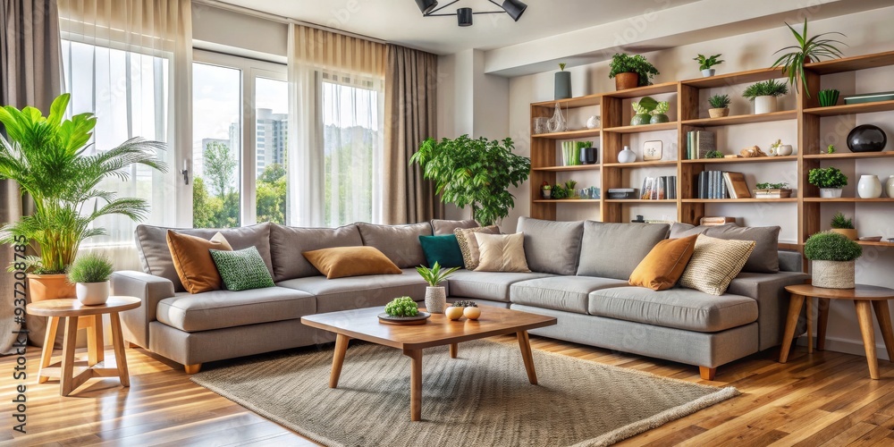 Spacious Living Room with Grey Sectional Sofa and Wooden Shelves, Interior Design, Home Decor, Minimalist Style, Modern Living, Cozy Space, Natural Light Spacious Living Room with Grey Sectional Sofa and Wooden Shelves, Interior Design, Home Decor, Minimalist Style, Modern Living, Cozy Space, Natural Light