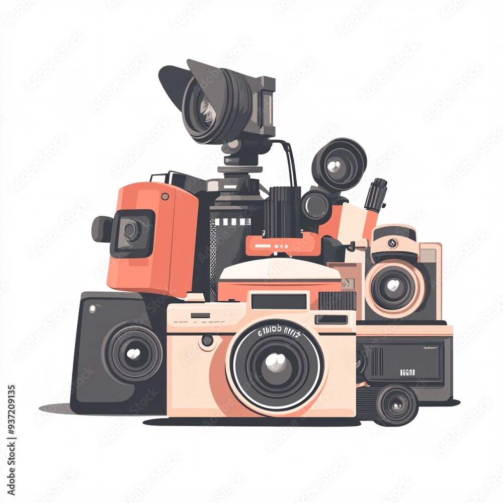 240805 173. A simple vector icon illustration depicting the group of vintage camera items at center for a website isolated white background 240805 173. A simple vector icon illustration depicting the group of vintage camera items at center for a website isolated white background