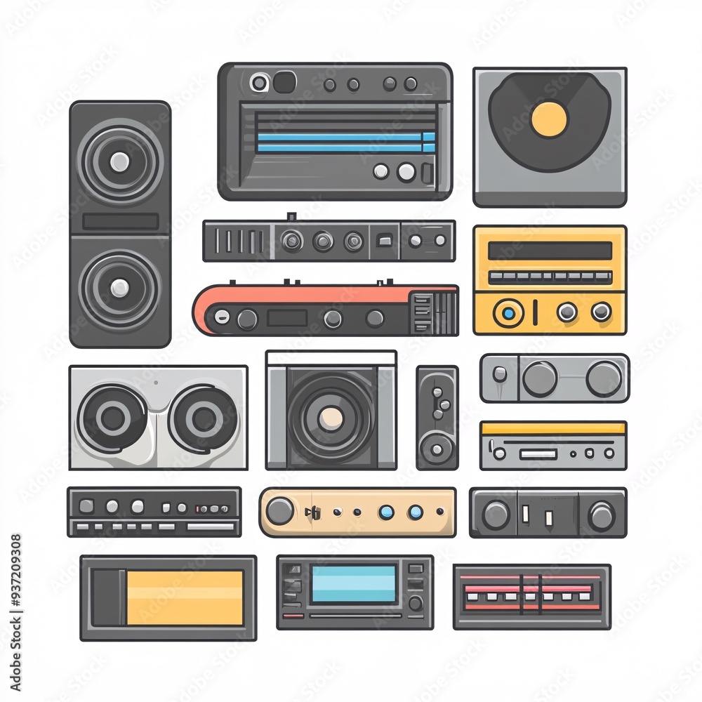 Obraz premium 240805 182. A simple vector icon illustration depicting the group of audio equipment at center for a website isolated white background