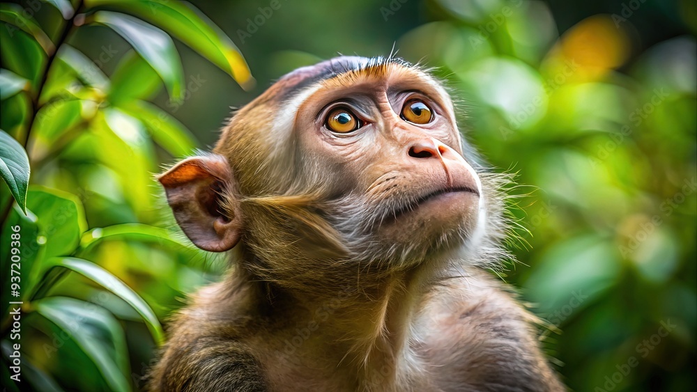 A solitary, inquisitive monkey with furrowed brows and tilted head ...