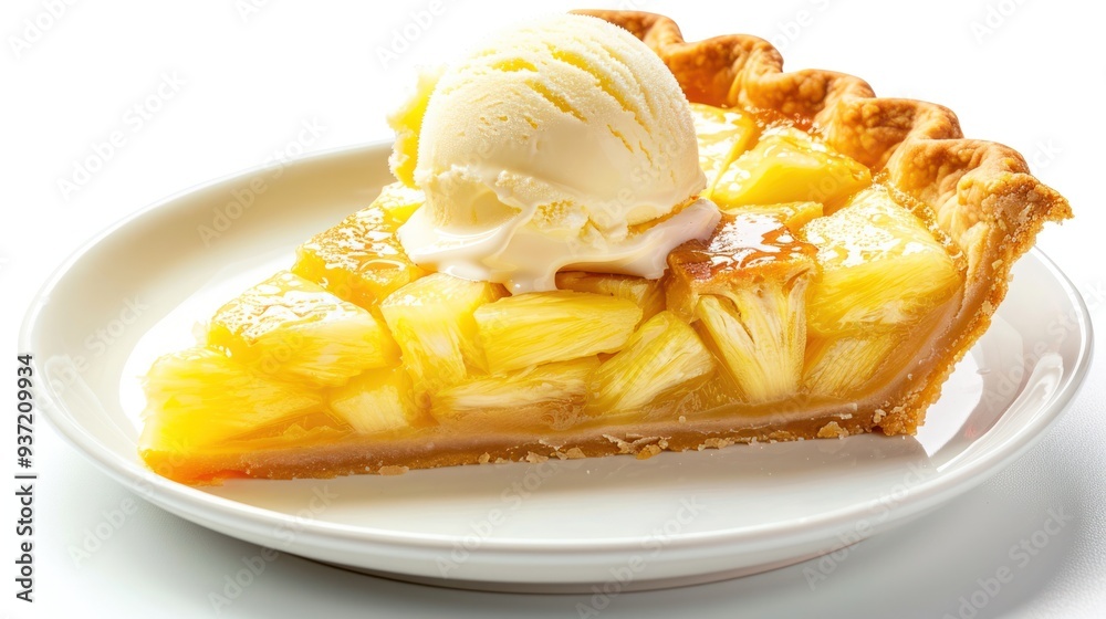 A slice of warm, freshly baked pineapple pie with a scoop of vanilla ice cream melting on top A slice of warm, freshly baked pineapple pie with a scoop of vanilla ice cream melting on top