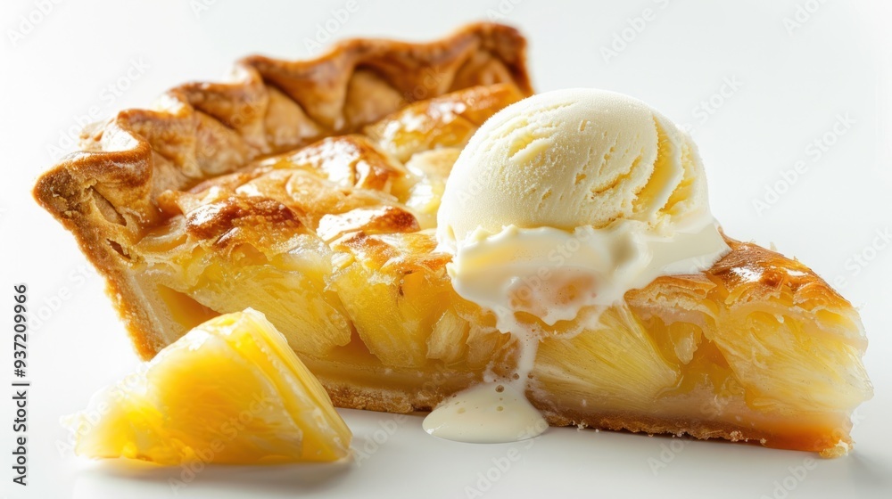 A slice of warm, freshly baked pineapple pie with a scoop of vanilla ice cream melting on top A slice of warm, freshly baked pineapple pie with a scoop of vanilla ice cream melting on top