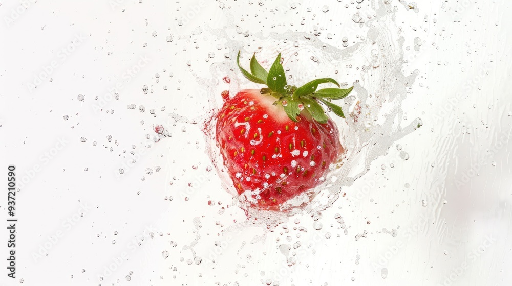 A strawberry bursting forth from a splash of white paint, symbolizing the freshness and vitality of the fruit A strawberry bursting forth from a splash of white paint, symbolizing the freshness and vitality of the fruit