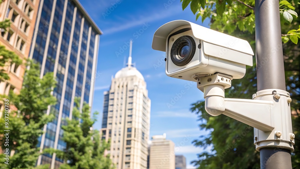Security Camera on a Pole in Front of Skyscrapers. Security Camera on a Pole in Front of Skyscrapers.