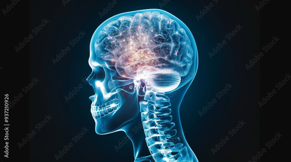 Human Skull with Glowing Brain and Spine Human Skull with Glowing Brain and Spine