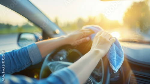 Cleaning car interior  woman s hands with microfiber cloth  sunset light photo