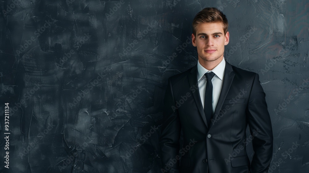 Confident Businessman in Suit Against Dark Background Confident Businessman in Suit Against Dark Background