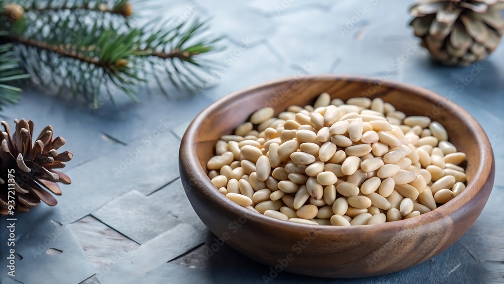Pine Nuts in Wooden Bowl with Pine Cones.