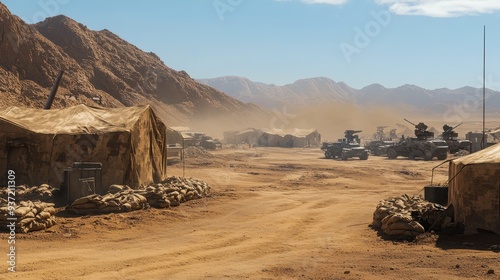 A military encampment in a desert landscape with tents and vehicles.
