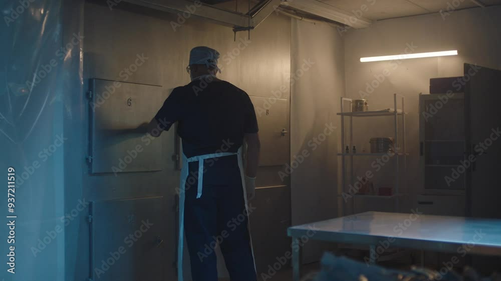 Mortician taking the body out from the freezer