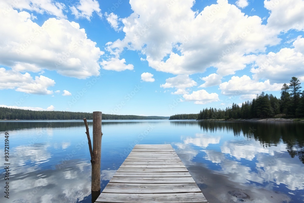 Obraz premium A wooden dock extending into a serene lake under a clear blue sky, ideal for peaceful nature and travel themes.