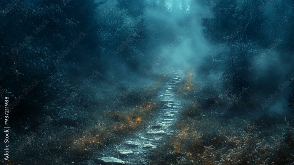 Obraz premium Moonlit Forest Path: Mysterious and Foggy Halloween Backdrop for Enchanting Autumn Imagery, Generative AI