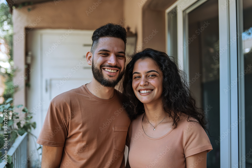 Smiling Couple Standing on Patio in Casual Clothes Enjoying a Sunny Day Smiling Couple Standing on Patio in Casual Clothes Enjoying a Sunny Day