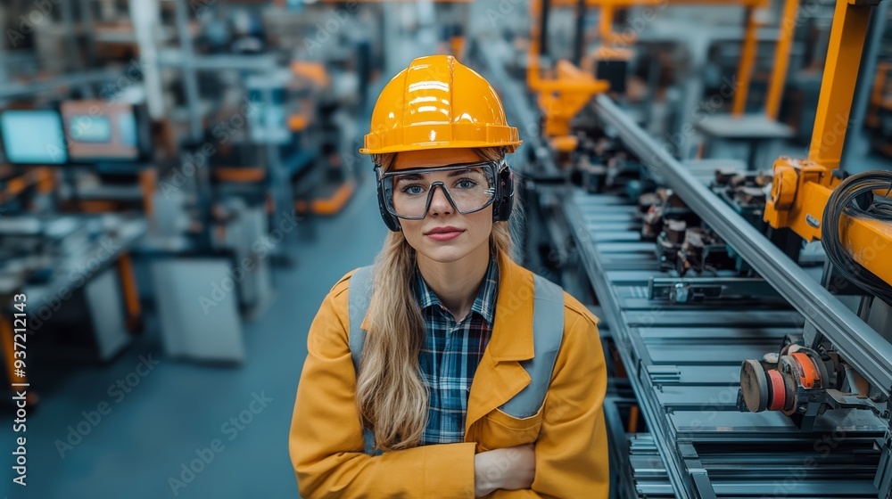 Confident Engineer in a Modern Factory: A young woman engineer confidently stands in a modern factory, wearing a yellow hard hat and safety glasses, radiating focus and expertise. She embodies the sp Confident Engineer in a Modern Factory: A young woman engineer confidently stands in a modern factory, wearing a yellow hard hat and safety glasses, radiating focus and expertise. She embodies the sp