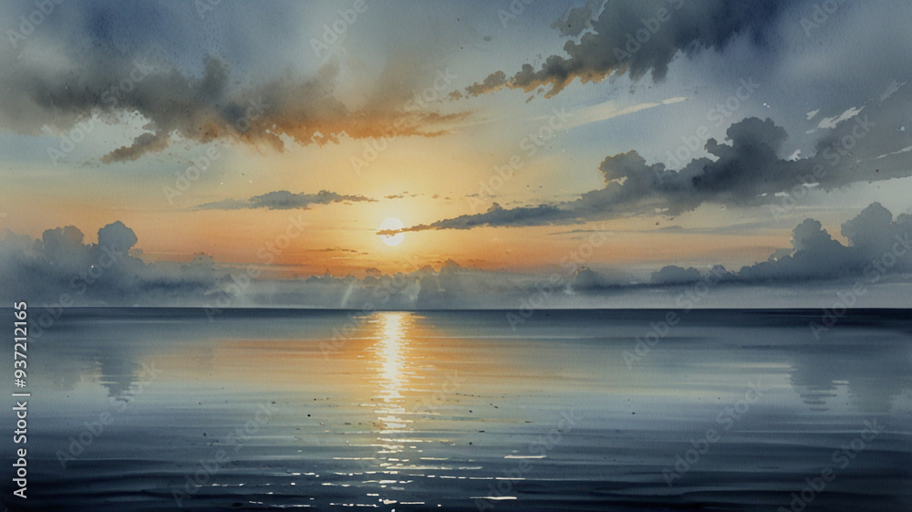 Watercolor Painting: A serene seascape painting in shades of blue and gray captures the essence of minimalism. Watercolor Painting: A serene seascape painting in shades of blue and gray captures the essence of minimalism.